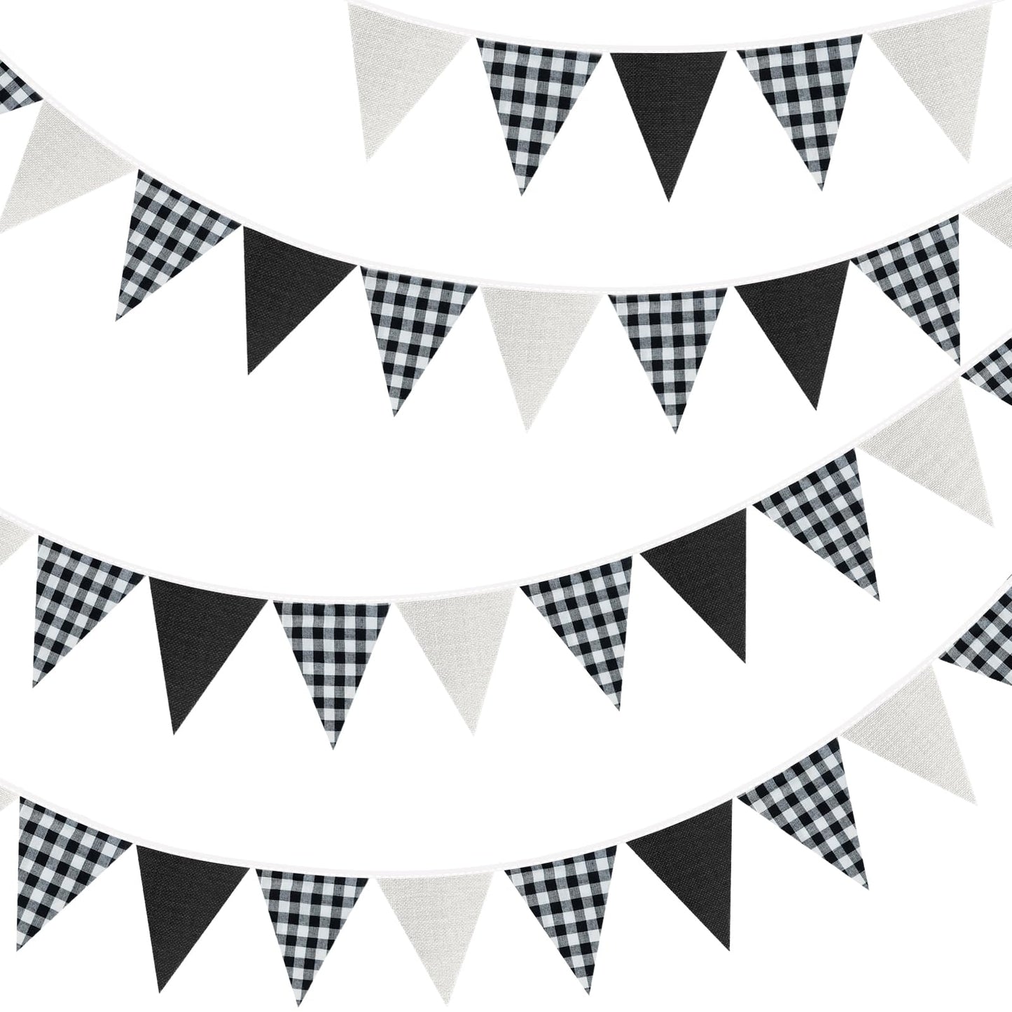 G2PLUS Black and White Gingham Fabric Bunting Banner, 32Ft Cotton Burlap Triangle Garland for Soccer Party, Game Day, Racing Car Party, Birthday, Graduation & Outdoor Decorations