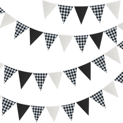 G2PLUS Black and White Gingham Fabric Bunting Banner, 32Ft Cotton Burlap Triangle Garland for Soccer Party, Game Day, Racing Car Party, Birthday, Graduation & Outdoor Decorations