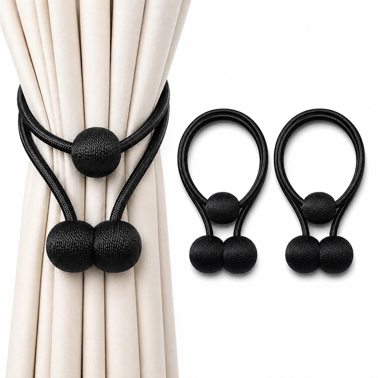 Black Summit Trading Company Magnetic Curtain Tiebacks – No Drill Curtain Holdbacks with Strong Magnets – Modern Curtain Tie Backs for Drapes & Sheer Curtains – Easy Wrap Magnetic Curtain Holders