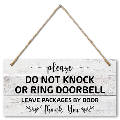 Wooden Sign with Rope for House Front - Do Not Knock or Ring Doorbell, Leave Packages by Door, 6x12 Inches Hanging Sign For Door Doors Garden Fence Office -02