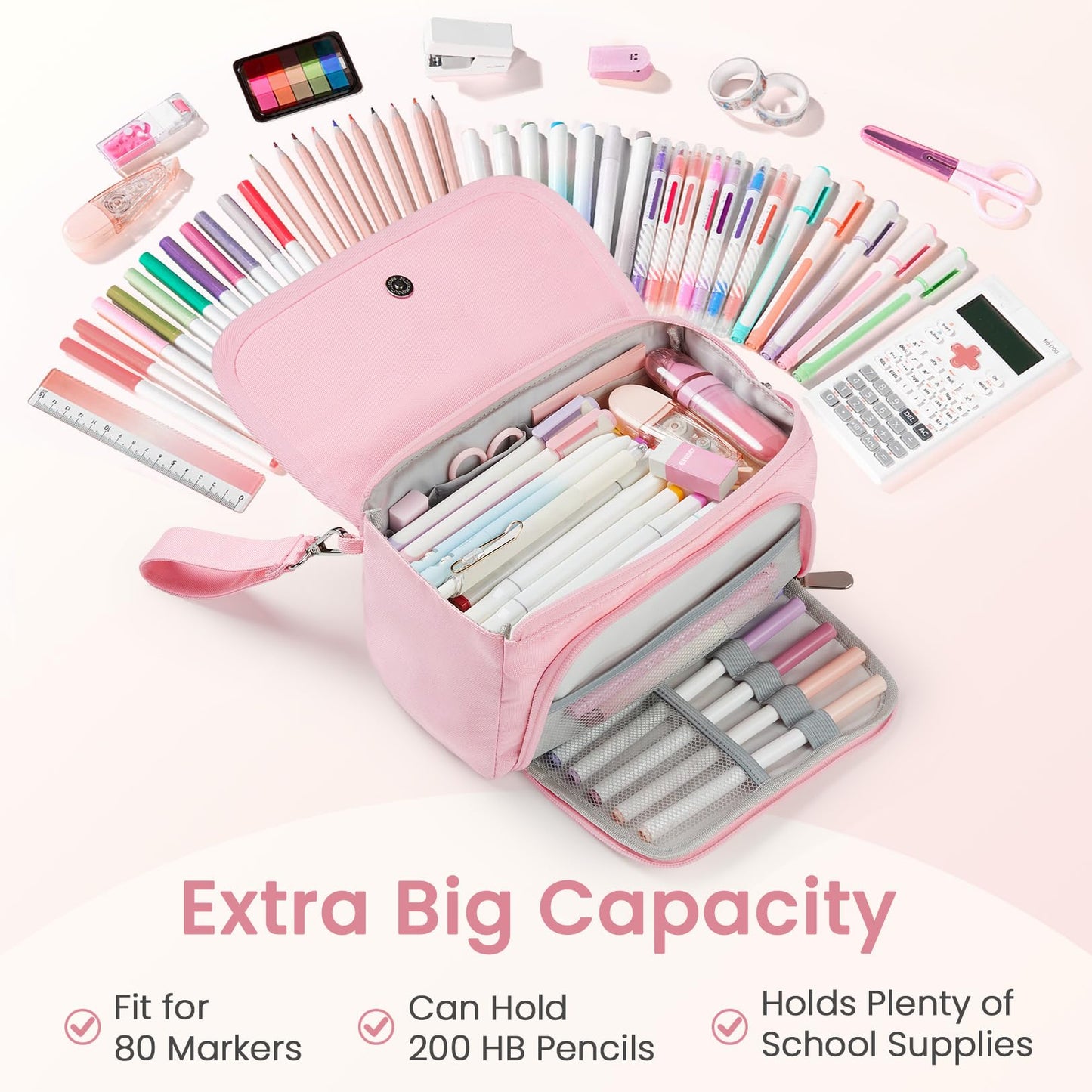 Sooez Super Large Pencil Case, Big Capacity Pencil Bag with 3 Compartments, Hold 200 pencils, Cute Pencil Pouch with Zipper, Portable Stationery Pen Bag, Aesthetic School Supplies For Girls, Pink