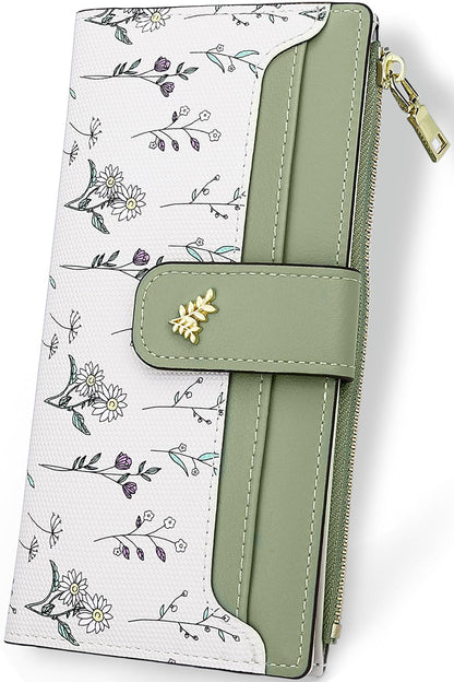 Farcauo Wallet Women Slim Wallets for Women with RFID Blocking Cute Thin Green Women's Wallet Kawaii Flower Womens Ladies Card Holder Wallets