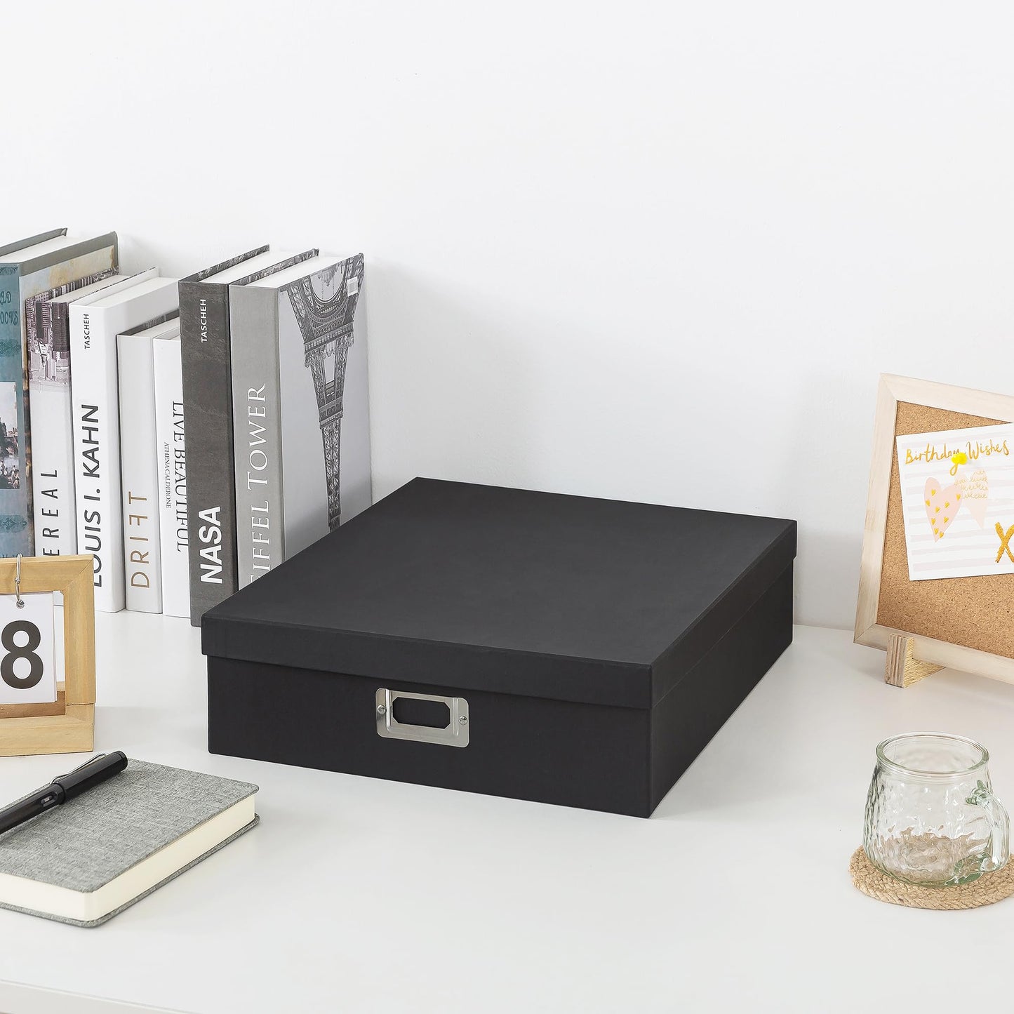 Soul & Lane Photo Storage Box with Lid, 14.8 × 13.0 × 3.7 Inches, Keepsake Memory Organizer, Cardboard Storage for Photo Albums, Scrapbooks, Artwork, Stationary, Memorabilia, Craft Supply, Black