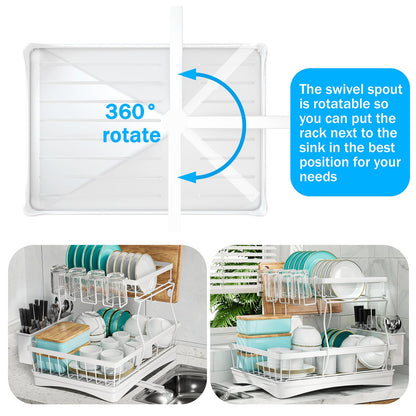 7 code Large Dish Drying Rack for Kitchen Counter, Detachable Large Capacity Dish Drainer Organizer, 2-Tier Dish Racks with Utensil Holder, Black