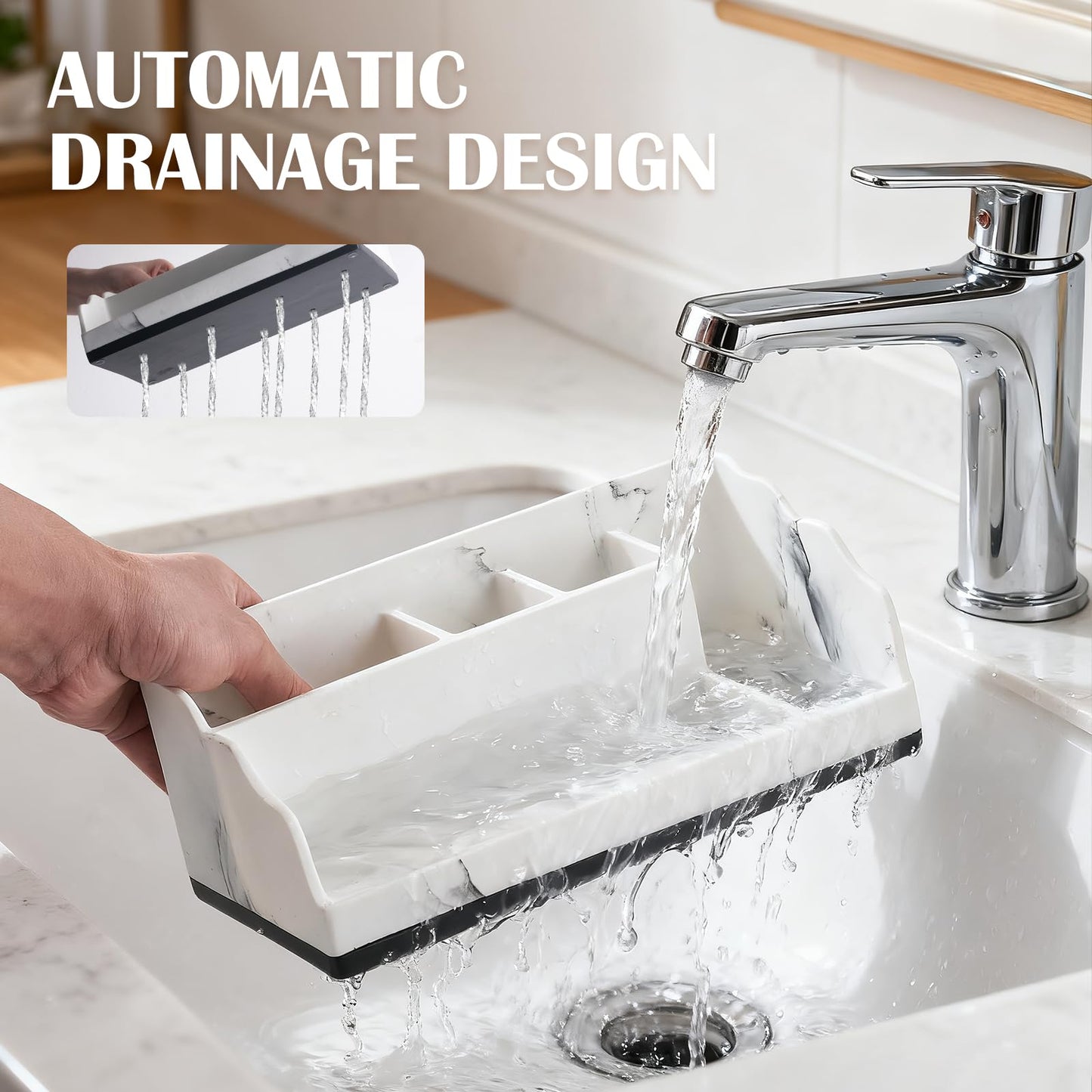 TuCao Bathroom Counter Organizer with 3PCS Qtip Holder, Marble Toothbrush Holders for Bathrooms, Bathroom Organizers and Storage with Drain Holes, Electric Toothbrush Holder, Vanity Organizer
