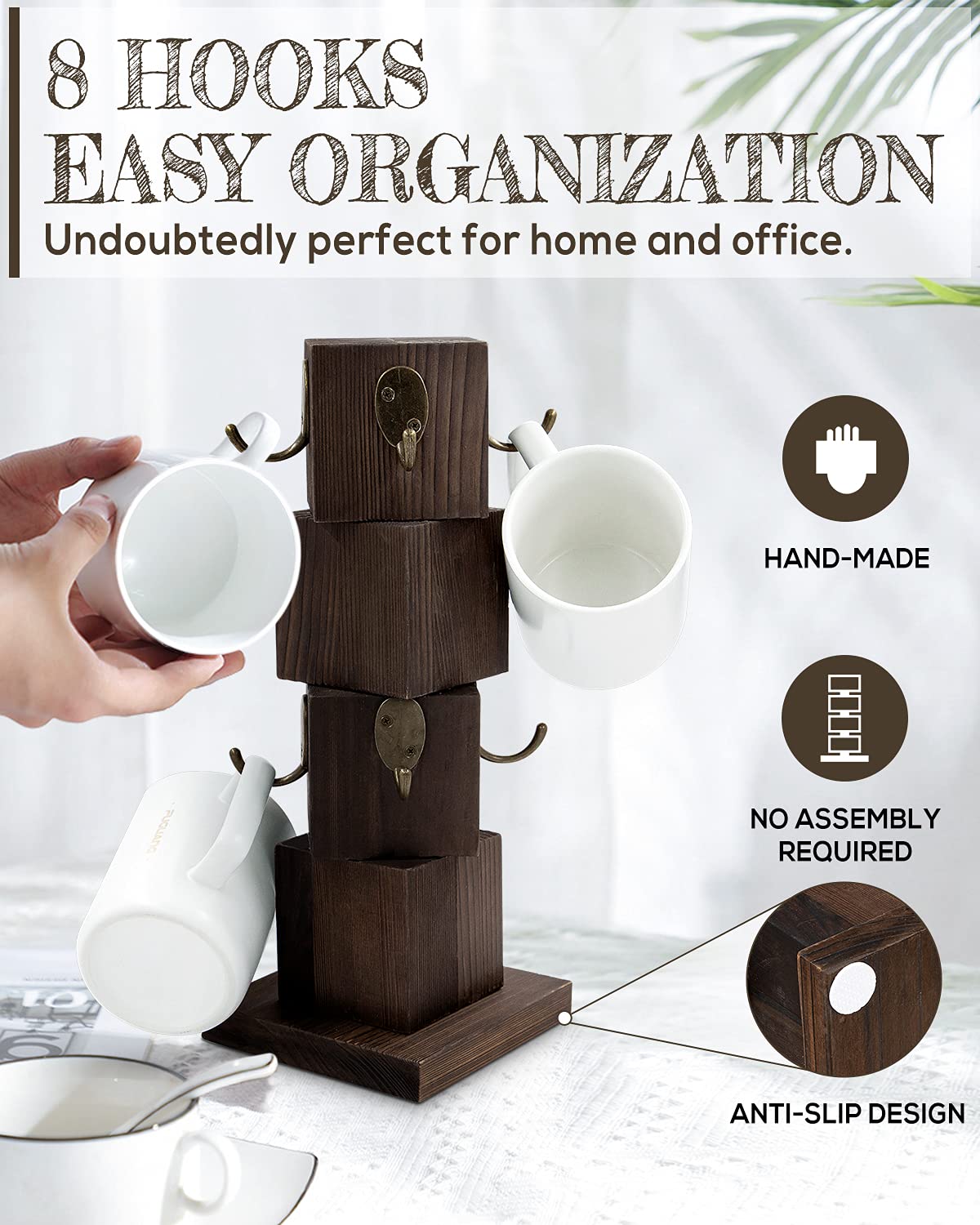 PUERSI Coffee Mug Holder for Counter, Rustic Solid Wood Mug Tree, Farmhouse Wooden Coffee Cup Rack with 8 Hooks (Rustic Brown)