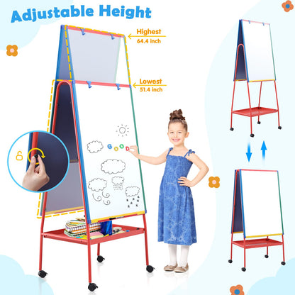 Mobile Dry Erase Board with Stand - 64.4" H Double Sided Portable Rolling Whiteboard Kids Easel for Classroom,Height Adjustable Magnetic White Board on Wheels for Home,School,36x24 inches