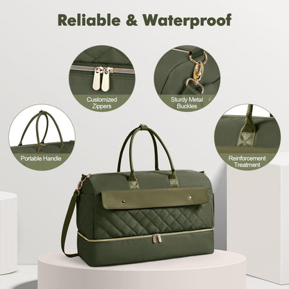 Wedama Travel Duffel Bag, Large Weekender Bag for Women with Shoe Compartment, Carry on Overnight with Toiletry Makeup Bag for Travel Gym Camping Hospital, Green