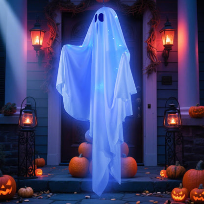 Hogrance Halloween Decorations Outdoor, White Hanging Ghost Hanging Light up with Blue LED Light, Halloween Window Decoration for Front Yard Patio Lawn Garden Party Decor Indoor Outside (Blue)