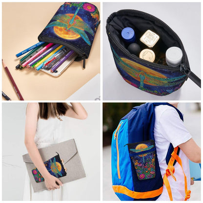 Tezmd Dragonfly Moon Standing Pencil Case Cute Telescopic Stationary Pouch with Zipper Large Capacity Stand up Pen Bag Portable Makeup Holder for School Office Supplies