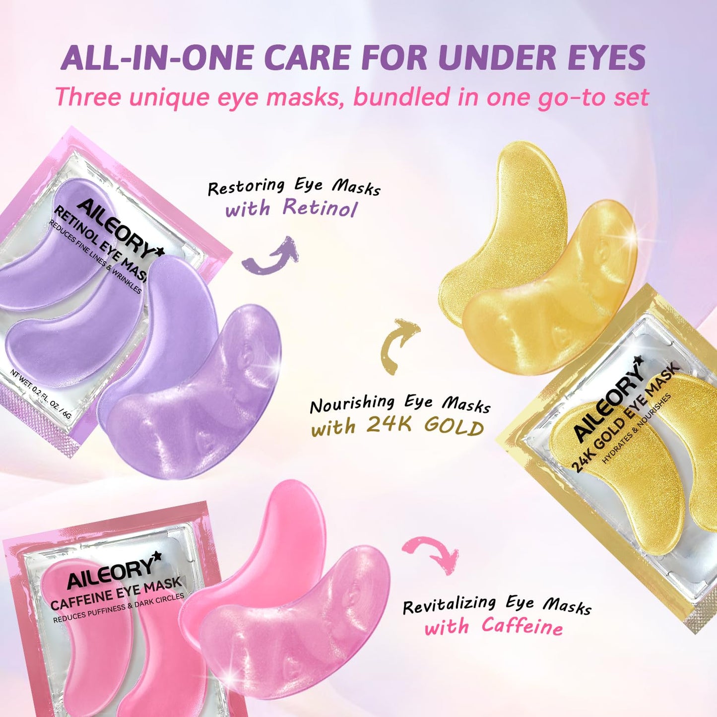 Under Eye Patches (24 Pairs) - New Tri-color Glitter Eye Gel Pads for Dark Circles Puffy Eyes,Under eye Bags,Wrinkles|Natural Collagen Under Eye Mask Patches, Gel Under Eye Patches
