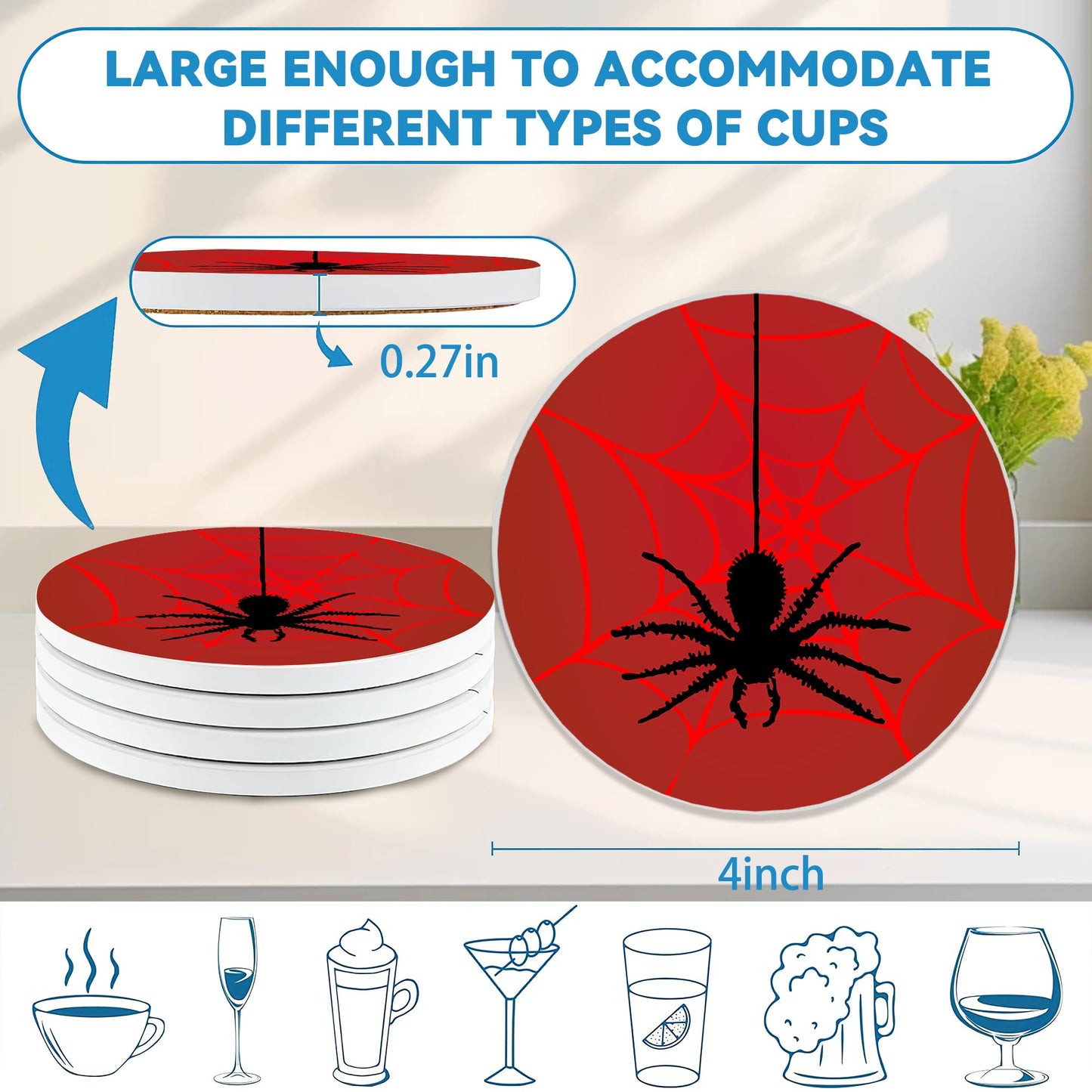 Drinks Coasters Set of 4, Cool Red Spider Round 4" Cup Coasters, Absorbent Ceramic Stone Coasters with Cork Base, Cute Coasters for Table Home Décor, Ideal Gifts for Women Men
