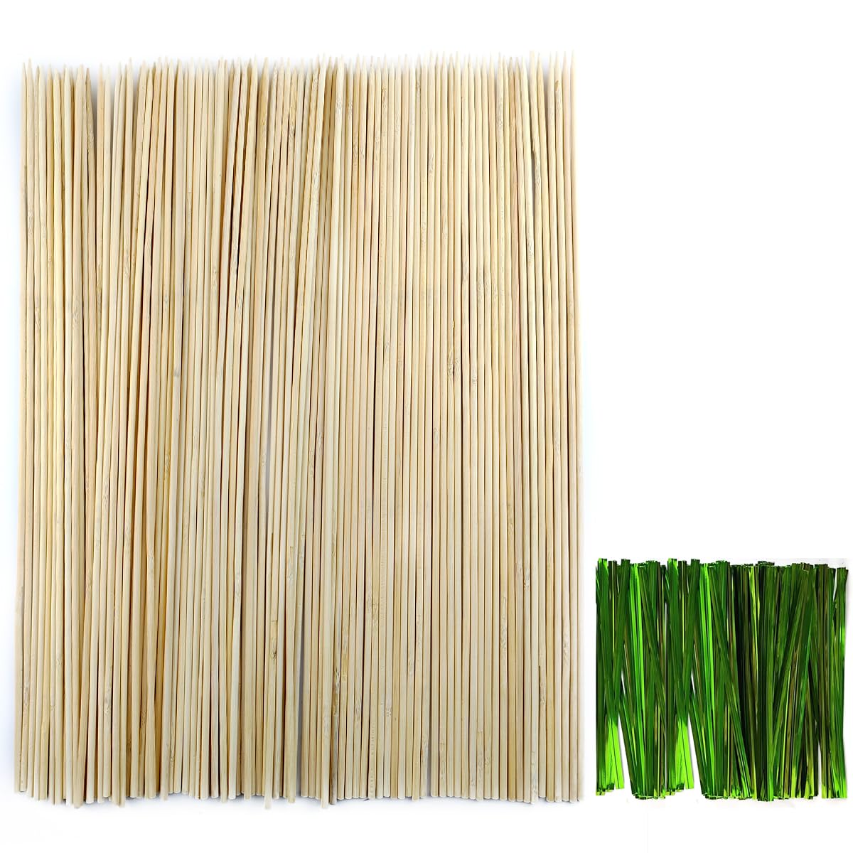 TIHOOD 100PCS 18" Wooden Garden Stakes with 100PCS 4" Garden Ties, Green Bamboo Sticks, Floral Plant Support, Tomato Stakes (Natural)