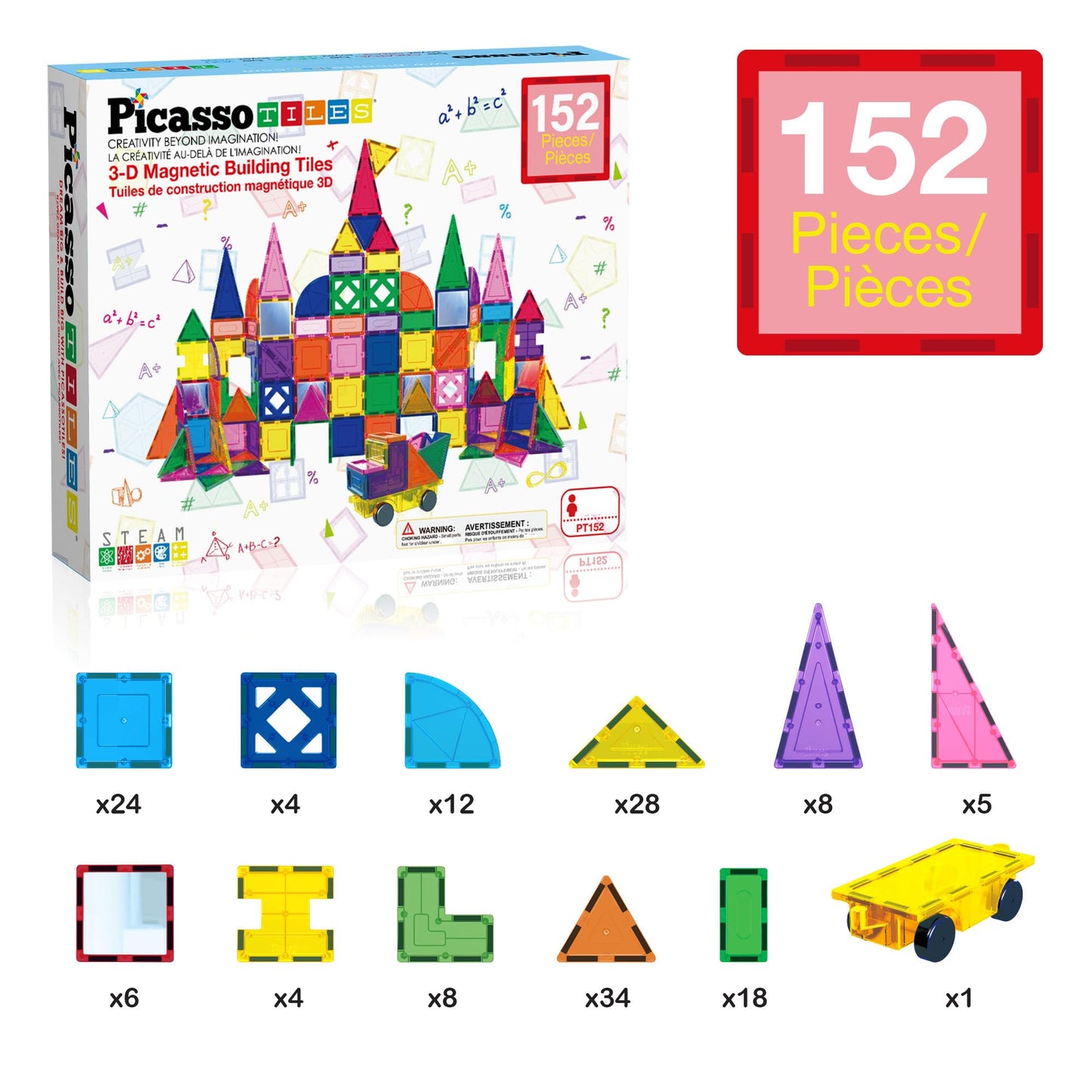 PicassoTiles Magnetic Tiles 152pcs Mirror Theme Magnet Tile Building Blocks STEM Sensory Toys with Car for Kids Toddlers Boys Girls Age 3+ Educational Learning Construction Play Set PT152