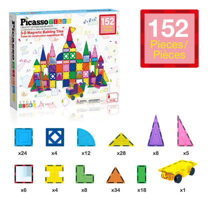 PicassoTiles Magnetic Tiles 152pcs Mirror Theme Magnet Tile Building Blocks STEM Sensory Toys with Car for Kids Toddlers Boys Girls Age 3+ Educational Learning Construction Play Set PT152