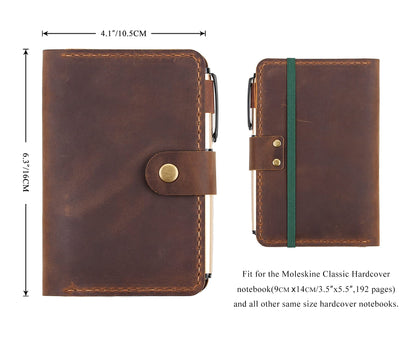 Fasjosma Leather Journal Cover for 3.5"x5.5" Hardcover Notebook, Rustic Handmade Leather Notebook Cover Compatible with Moleskine, Pocket-Sized Hardcover Notebook, Brown