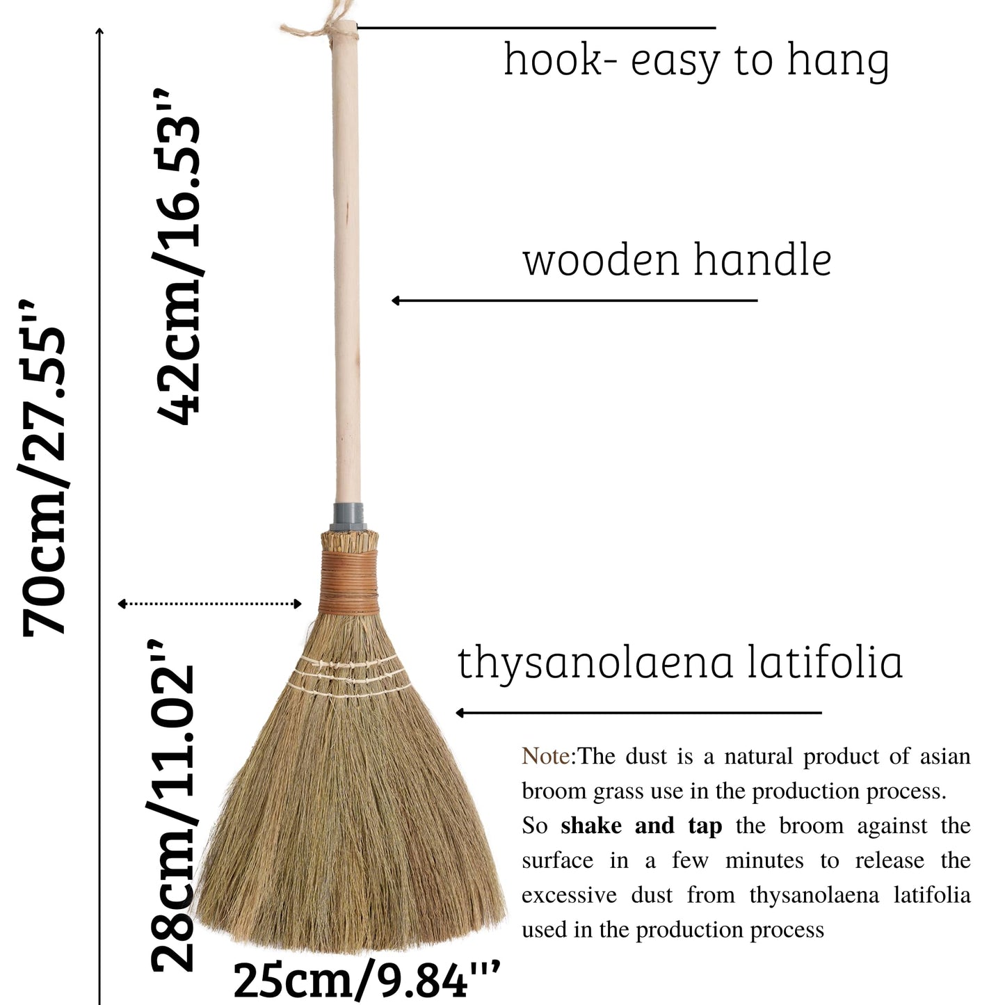 BMart Home Natural Whisk Sweeping Hand Handle Broom - Vietnamese Straw Soft Broom for Cleaning Dustpan Indoor - Outdoor - Decorative Brooms - Wooden Handle - 9.84'' Width, 29.75" Length