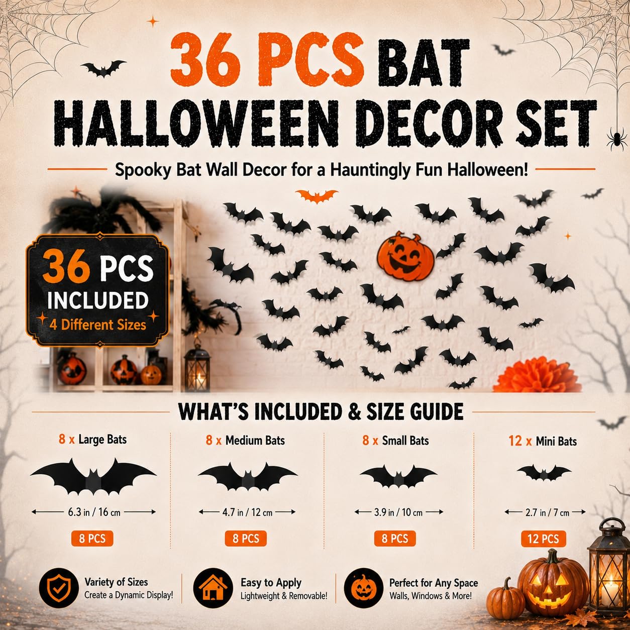 8Pack Halloween Decorations Indoor Halloween Decor, Spider Web Table Cloth/Black Lace Table Runner, Fireplace Mantel Scarf, Cobweb Lampshade with 3D Bat Wall Stickers, Halloween Spooky Home Decor.