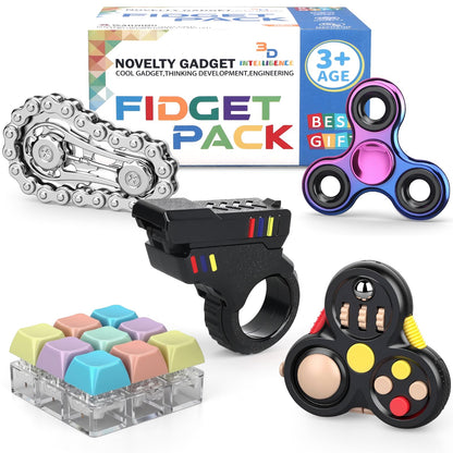 5 PCS Fidget Toys Set for Adults, Fidget Slider, Fidget Cube, Spinner Toy, Keyboard Clicker Toy, Fidget Pad, Cool Gadgets Office Desk Toy for Men Teen Gift