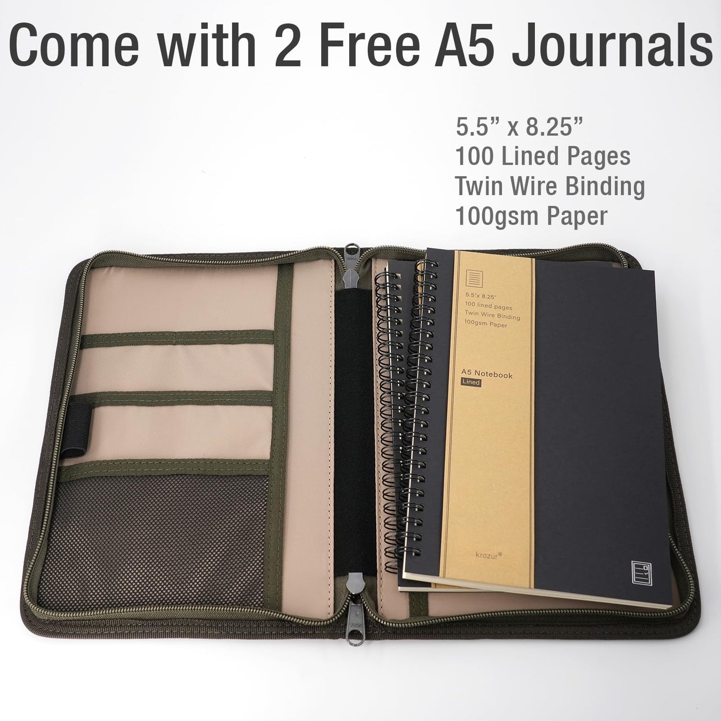 Krozur A5 YKK Zipper Notebook Journal Planner Sketchbook Cover for 5.5 x 8.25 Moleskine Cahier 5 x 8 legal note pads A5 LEUCHTTURM, Pen Loop, Water Resistant Cover, Classy Waxed Canvas, Olive