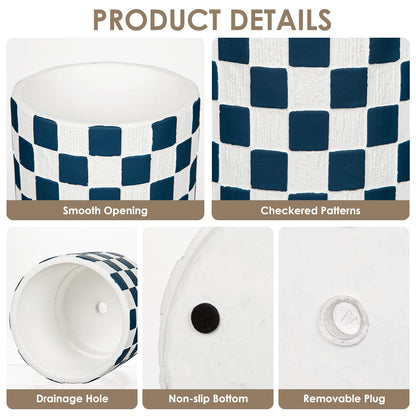 Nature Crafted 5.5 inch Ceramic Plant Pots with Drainage Hole Silicone Plug, Checker Ceramic Planters Flower Planter for Indoor Outdoor Home Garden Patio Office Gardening Desktop Windowsill, Blue