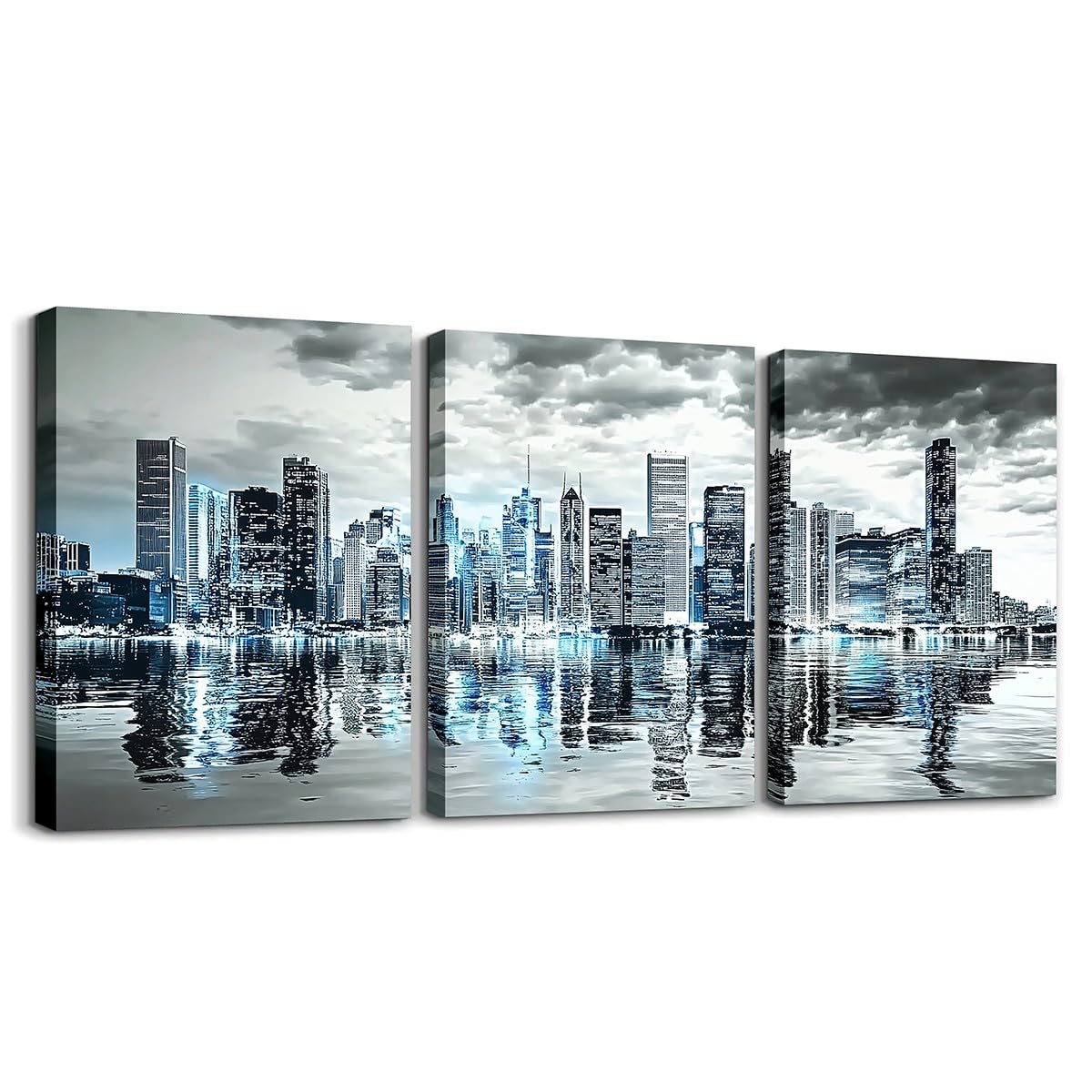 jejeloiu Skyscraper Canvas Wall Art for Living Room Bedroom 12"x16"x3pcs Modren City Picture Wall Decor for Bathroom Night Scene Office Decorations Artwork Posters Painting Blue Grey
