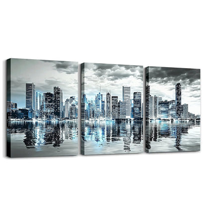 jejeloiu Skyscraper Canvas Wall Art for Living Room Bedroom 12"x16"x3pcs Modren City Picture Wall Decor for Bathroom Night Scene Office Decorations Artwork Posters Painting Blue Grey