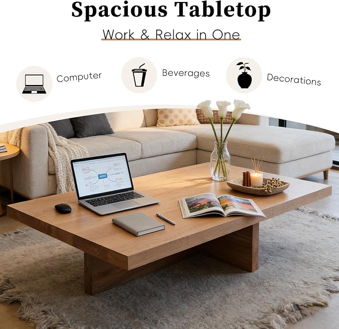 Solid Wood Square Coffee Table 2 Inch Thick Farmhouse Low Minimalist Center Table for Living Room Office