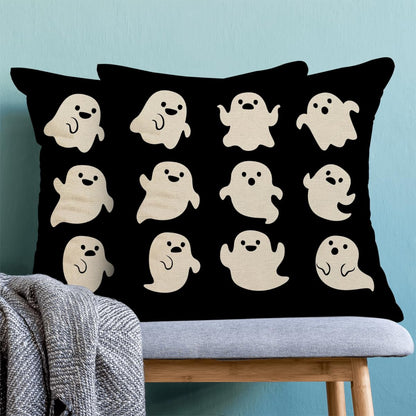 Sorktse Halloween Pillow Covers 18 x 18 Inch Set of 2 Cute White Ghost Throw Pillows Outdoor Decorative Holiday Black Pillowcases Linen Cushion Cases for Farmhouse Home Bed Sofa Couch