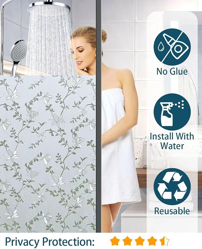 Frosted Glass Window Film with Elegant Flower Design, Bathroom Window Privacy Film for Glass Windows Cover, Static Cling, Removable, Reusable, Anti-UV, Anti-Glare, 29.5 Inch * 78.74 Inch