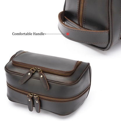 Polare Vintage Full Grain Leather Handmade Travel Toiletry Bag for Men - Dopp Kit - Shaving Kit with YKK Metal Zippers A-Dark Brown