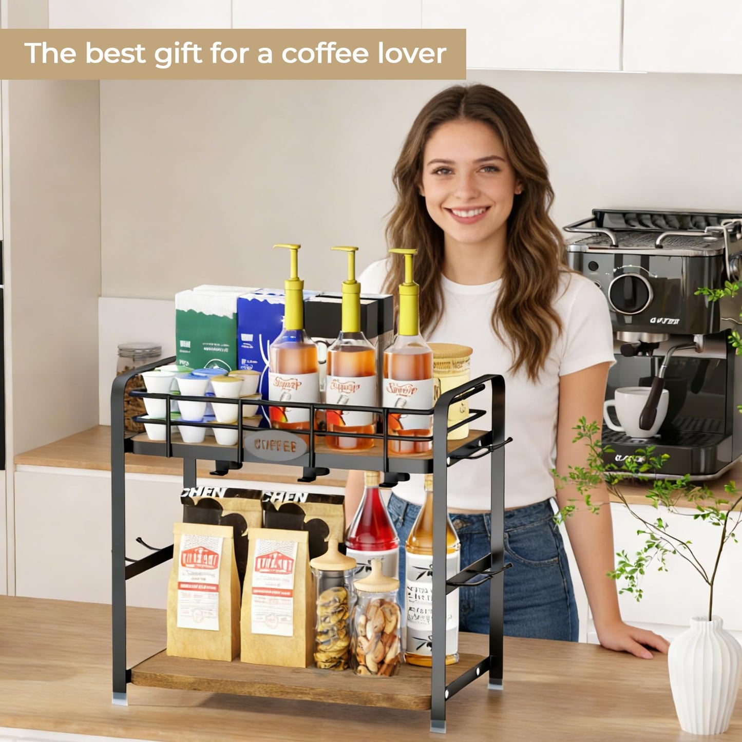 Vivise Coffee Bar Organizer Coffee Cup Holder 2 Tier Mug Stand Rack for Countertop Kitchen Storage with 14 Hooks