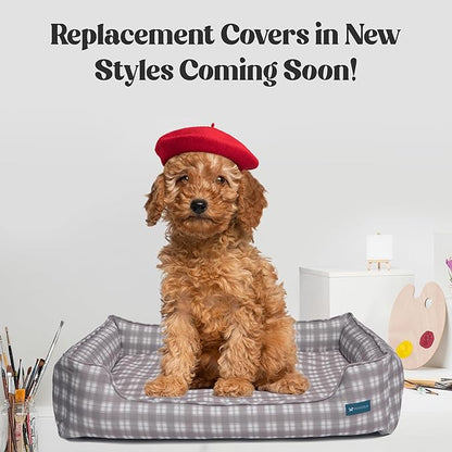 Orthopedic Bolster Dog Bed – CertiPUR-US Foam, Recycled Polyester Canvas, Washable Cover, Anti-Slip Bottom, Medium, Grey Plaid – Stylish Designer Dog Sofa