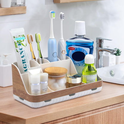 GFWARE Bathroom Countertop Organizer - Detachable 7 Slots Kids Electric Toothbrush and Toothpaste Holde Drainage for Bathroom Accessories Organization Counter Vanity Storage, Woodgrain