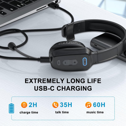 LEAYU Bluetooth Headset, 60hrs Noise Canceling V5.2 Over Head Headphones, Single Ear Trucker Wireless Headset with Mic, Mute Button, Multipoint, for Phones PC Computer Truck Driver Office Work - Black