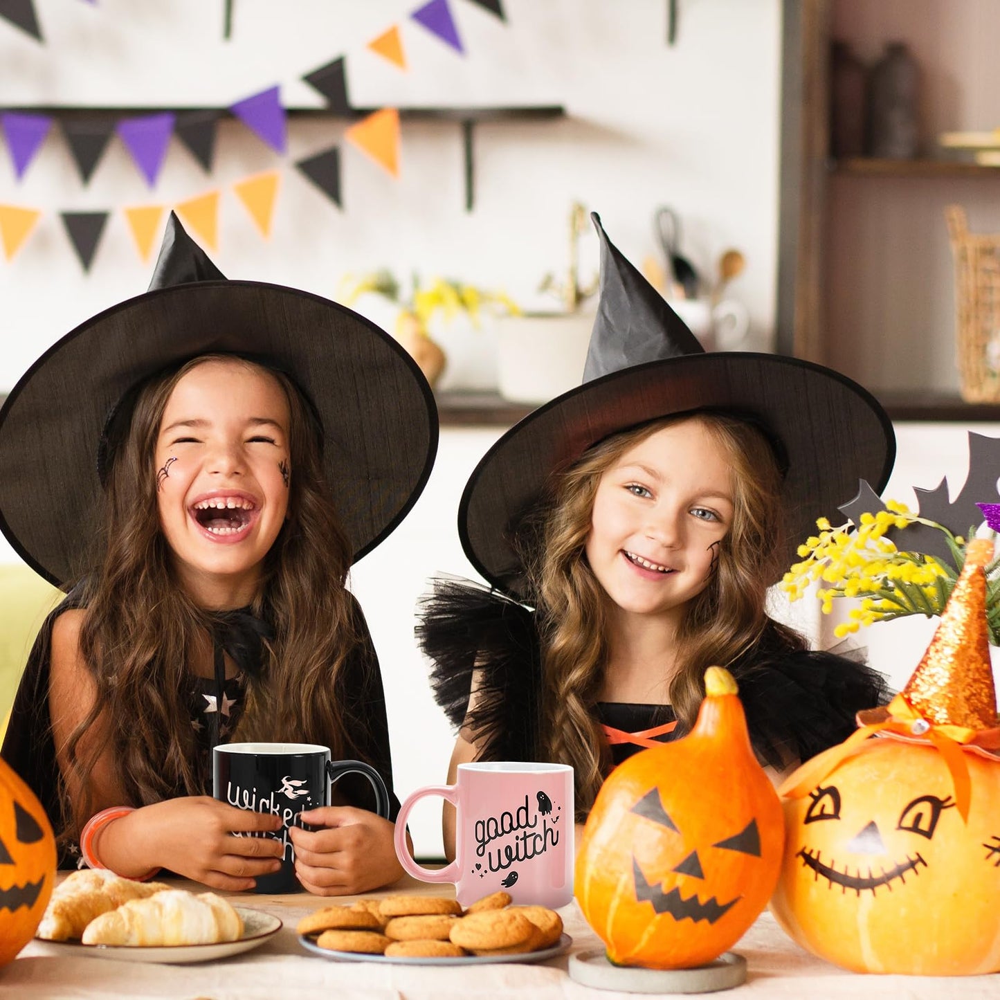 JarThenaAMCS 2Pcs Halloween Mugs Wicked Witch Coffee Mug Pink Black Ceramic Drinking Cup for Halloween Party Supplies Table Centerpieces, 12oz