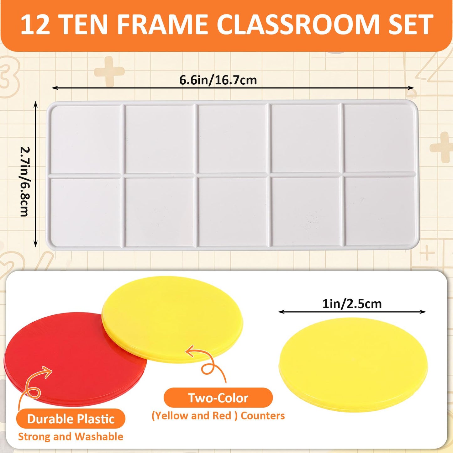 Soulchen 12 Sets Plastic Ten Frames for Classroom Math Manipulatives for Kids Classroom Math Counters Supplies Including 12 Plastic Ten Frames, 120 Counters for Teach Number Concepts (Red, Yellow)
