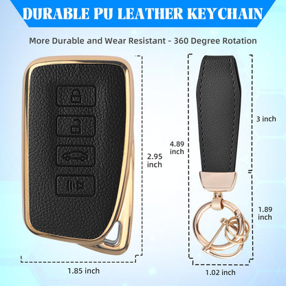 QBUC for Lexus Key Fob Cover with Keychain,Upper Leather + Soft TPU Car Key Case Shell for Lexus 2015-2021 ES IS GS NX LS RX RC GX LX 570 200 250 350 460 300 F 450h 600h,4 Buttons(Black)