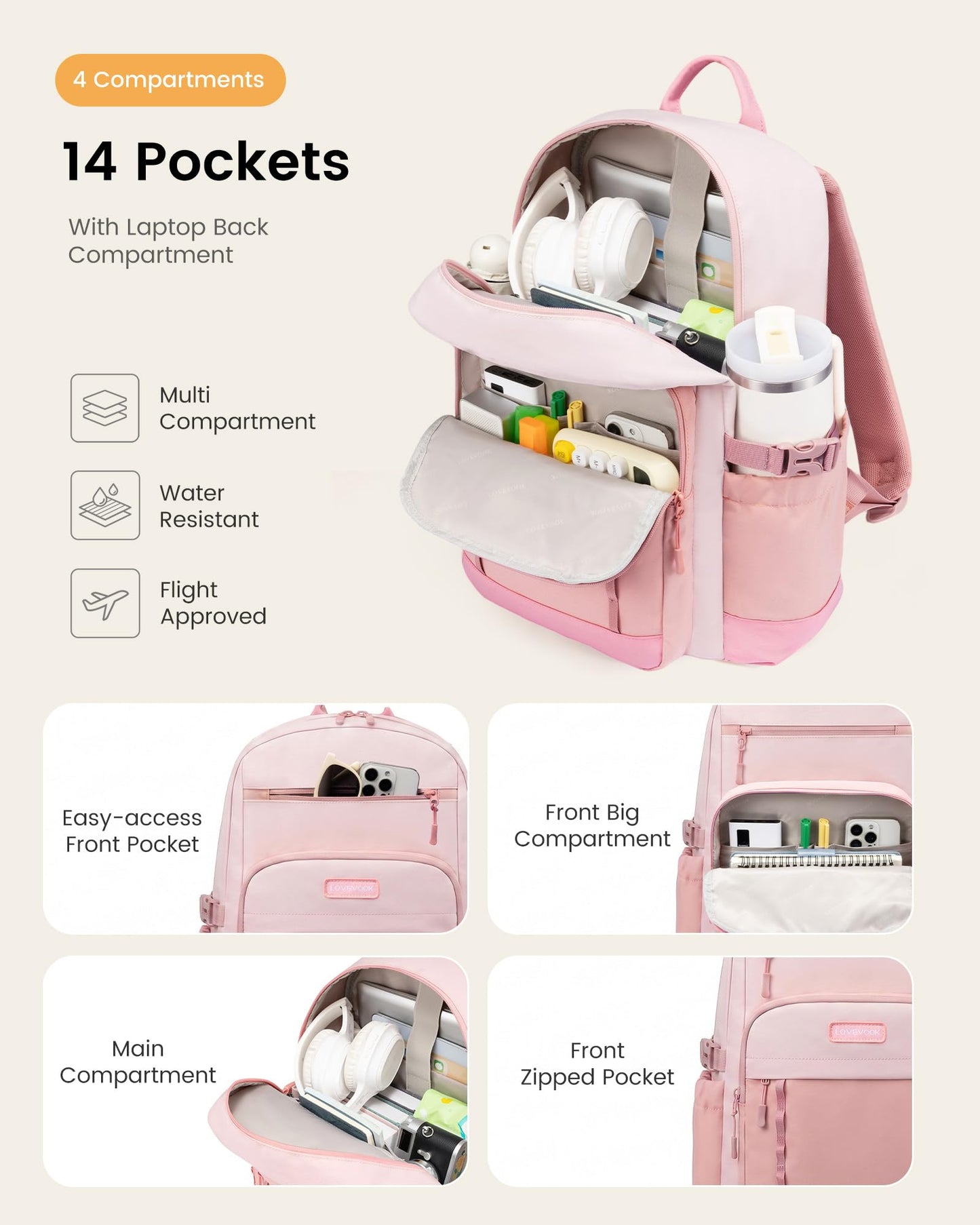 LOVEVOOK Laptop Backpack for Women with Large Cup Holder,15.6 Inch DIY Design Travel Work Backpack Computer Laptop Bag,Waterproof Nurse Teacher College Backpack Purse,Gifts for Women Men,Beige-Khaki