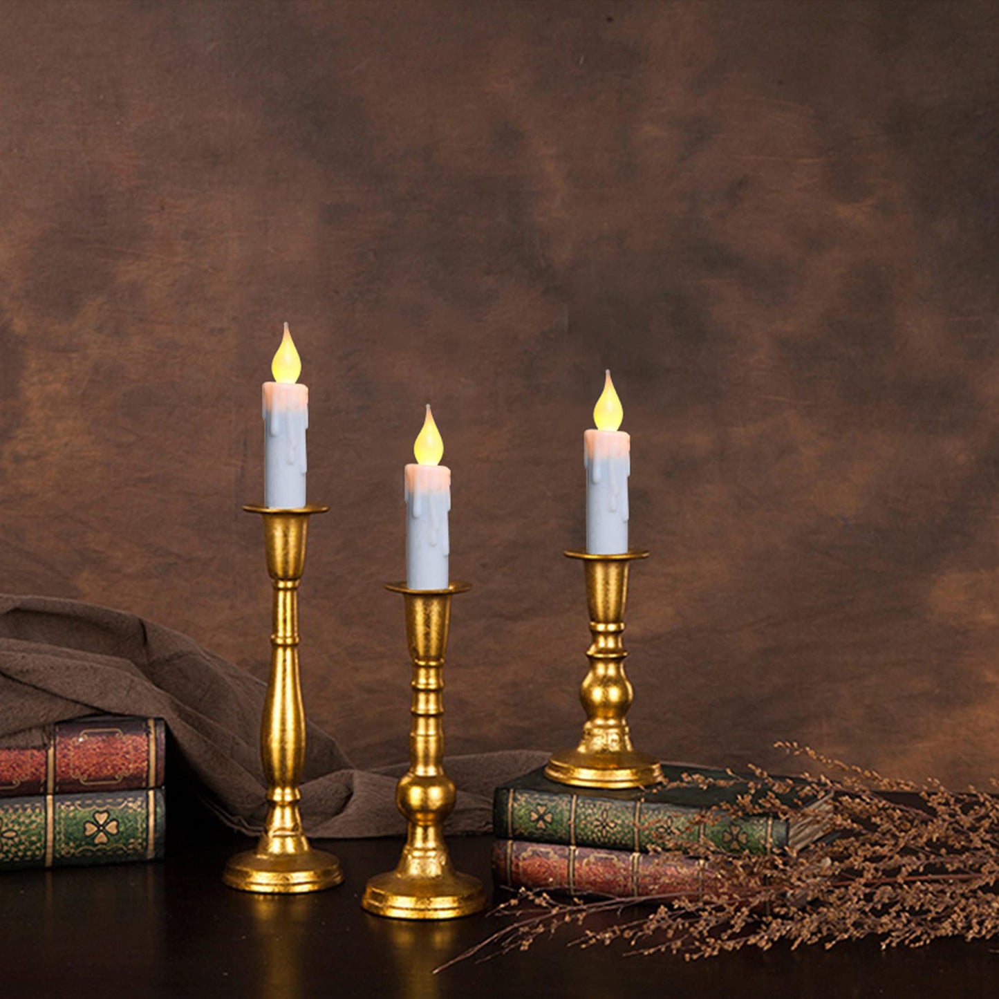 CVHOMEDECO. Flickering Taper Candles LED Drip Flameless Candles, Battery Operated with Timer, White, 4-3/4 Inch, Set of 3