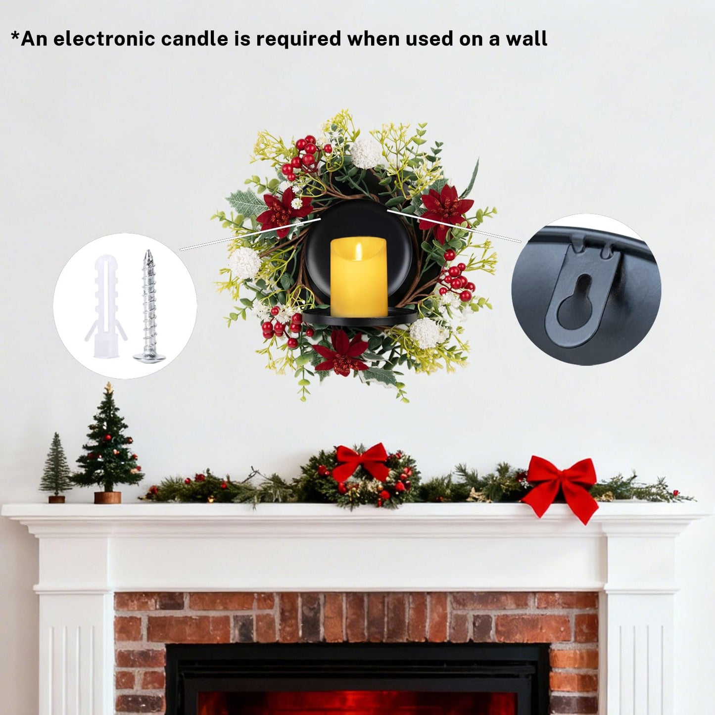 MOYEE Winter Christmas Candle Holder Centerpieces for Tables,Candle Ring, Black Metal Candlestick with an Artificial Wreath 14 in Versatile Dining Table Centrepiece (White Ball Wreath)