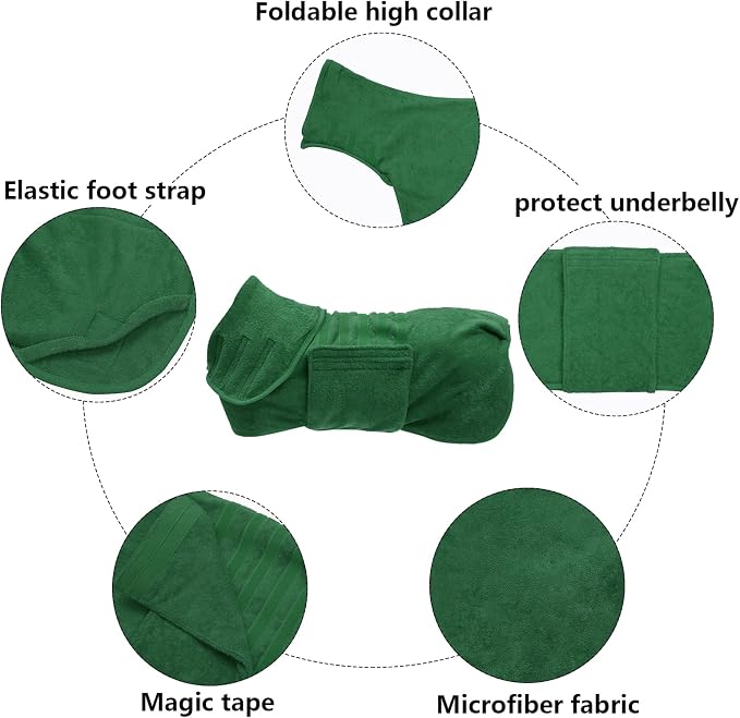 Geyecete Dog Drying Coat - Super Absorbent Pet Dog Cat Bath Robe Towel, Microfibre Fast Drying Towel, Luxuriously Soft - Green - L