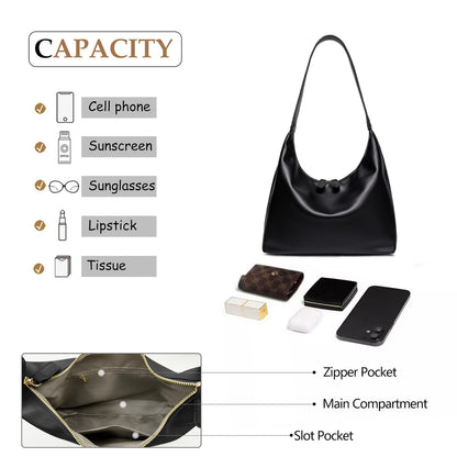Small Shoulder Bag for Women Cute Hobo Purses Trendy Leather Tote Handbags Classic Black Underarm Purse with Double Zipper