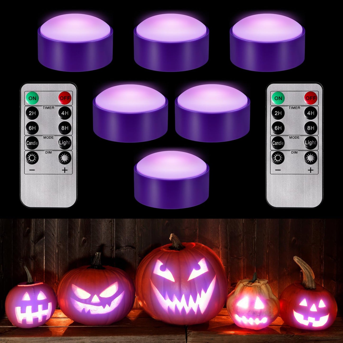 Riakrum 6 Pieces Halloween Remote Timer LED Lights with Remote Summer Halloween LED Pumpkin Lights Battery Operated Lantern Bright Flameless Candle(Purple,Purple Light)