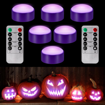 Riakrum 6 Pieces Halloween Remote Timer LED Lights with Remote Summer Halloween LED Pumpkin Lights Battery Operated Lantern Bright Flameless Candle(Purple,Purple Light)
