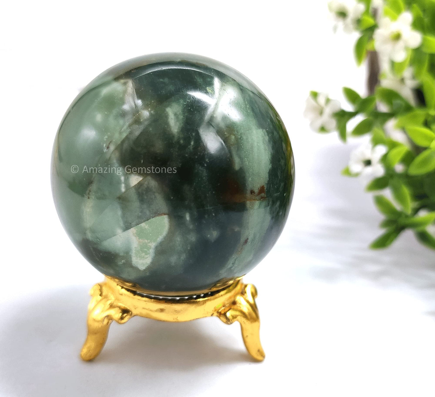 Amazing Gemstone Bloodstone Crystal Sphere Round Ball with Sphere Holder Stand, Natural Healing Stone Sphere for Massage Meditation Crystal Grid Witchcraft Supplies Reiki Yoga