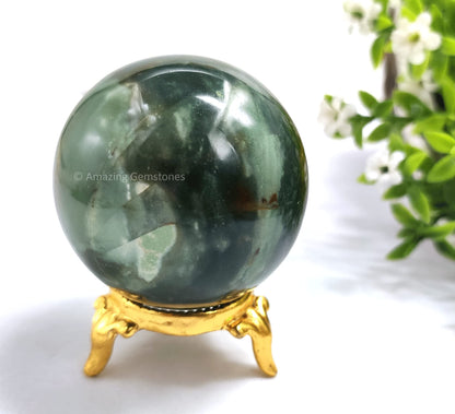 Amazing Gemstone Bloodstone Crystal Sphere Round Ball with Sphere Holder Stand, Natural Healing Stone Sphere for Massage Meditation Crystal Grid Witchcraft Supplies Reiki Yoga