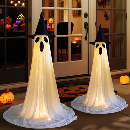 2PCS Halloween Ghosts Decorations Outdoor/Indoor, Large Adjustable Height Lighted White Cloth Ghosts with Adjustable String Lights Battery Operated Halloween Party Home Porch Yard Decorations