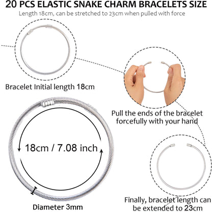 ZYEHXED 20Pcs Snake Charm Bracelet Expandable Elastic Bangle Bracelets Stainless Steel Silver Snake Bracelet For Women Diy Jewelry Making Supplies