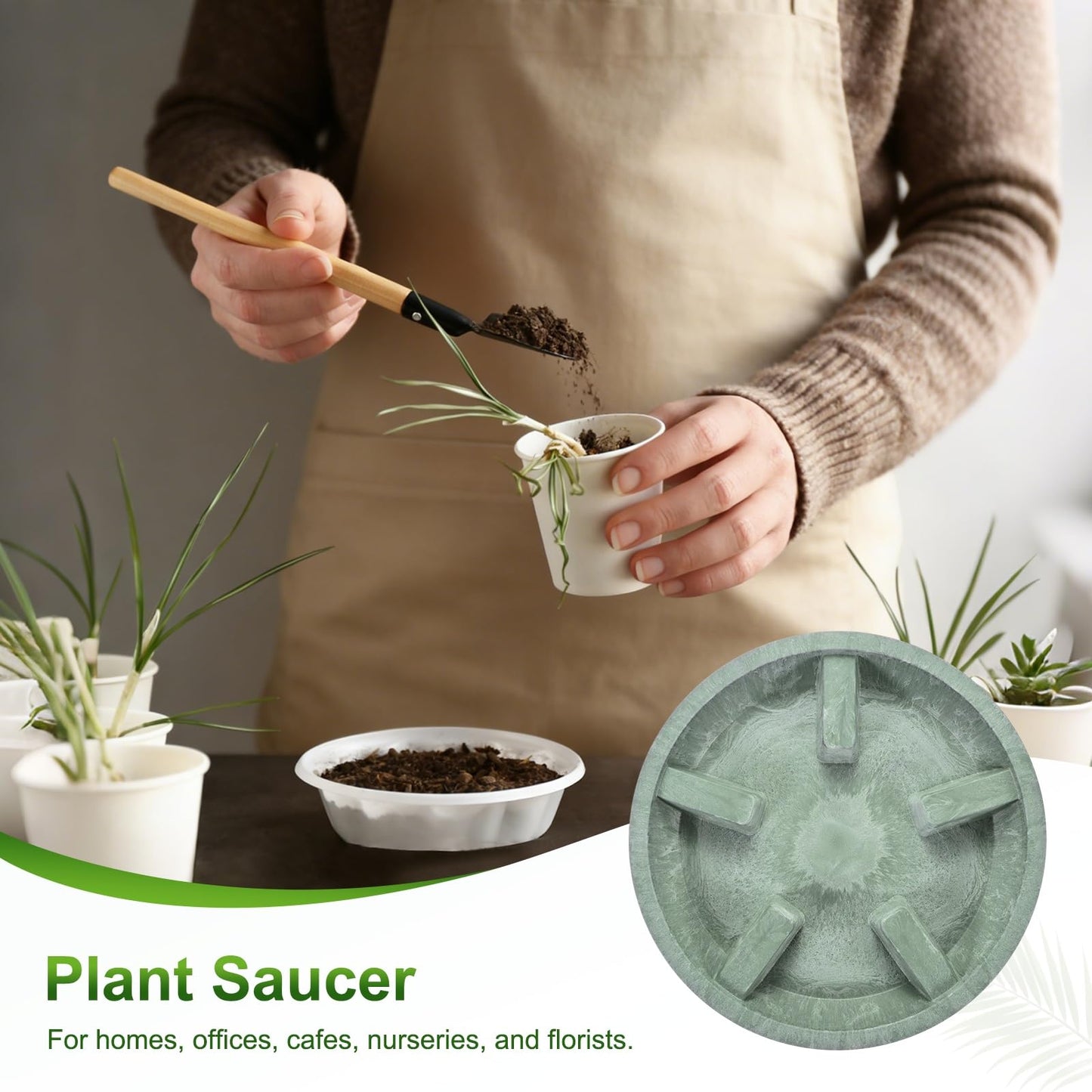 M METERXITY 2-Pack Plant Saucer, 6.3 Inch/16 cm Plastic Plant Trays Thicker for Pots/Indoor/Outdoor/Water Drainage and Protection, Flowerpot Drip Tray [Green Veins]